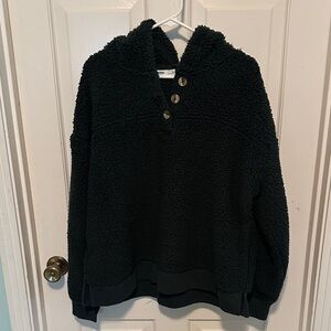 Cozy Dark Green Sherpa Pullover Hoodie with Button Placket